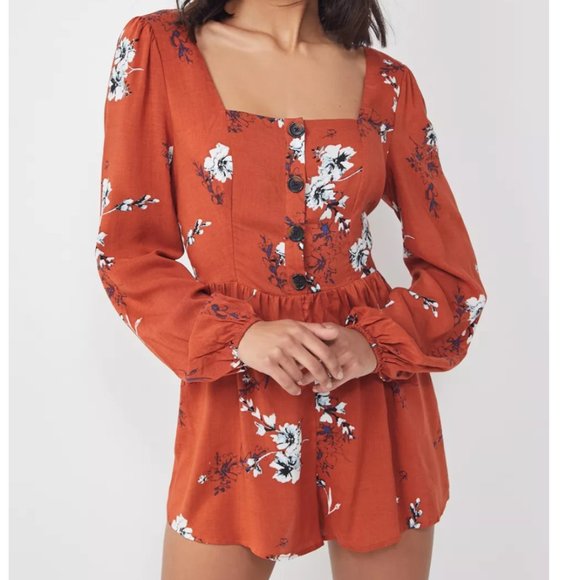 Urban Outfitters Pants - Urban Outfitters Paulina Floral Square-Neck Romper Orange